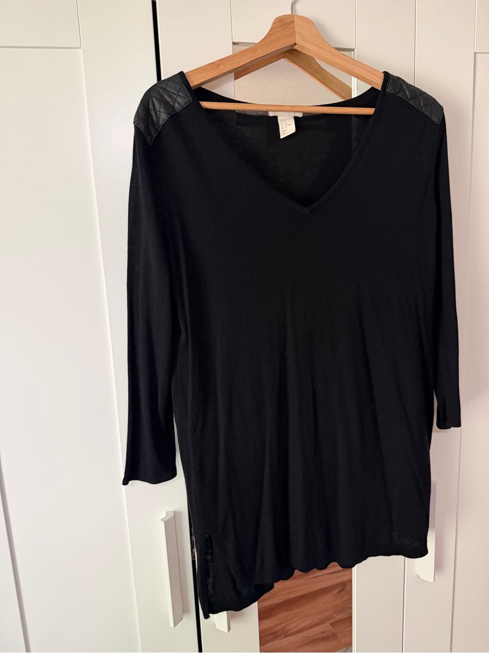 H&M Black V-Neck Long Sleeve Top with Quilted Shoulder Panels